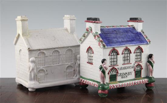 Two Yorkshire pottery money boxes in the form of a chapel, mid 19th century, 17.5cm and 18cm